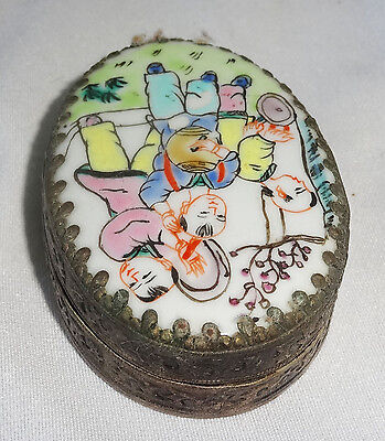 20CT Chinese oval Silver Box w. Porcelain Top "Children Motif Famile Rose (Ver)