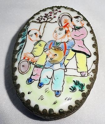 20CT Chinese oval Silver Box w. Porcelain Top "Children Motif Famile Rose (Ver)