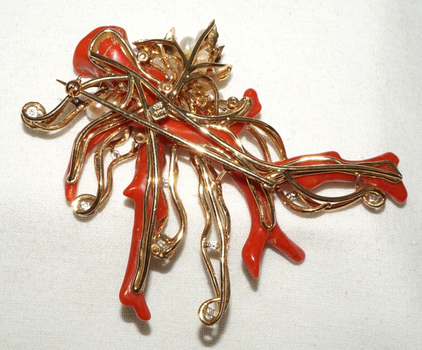 Vintage HK 14K Yellow Gold Brooch Pendant w Coral Branch Pearls & Diamonds (PaS)