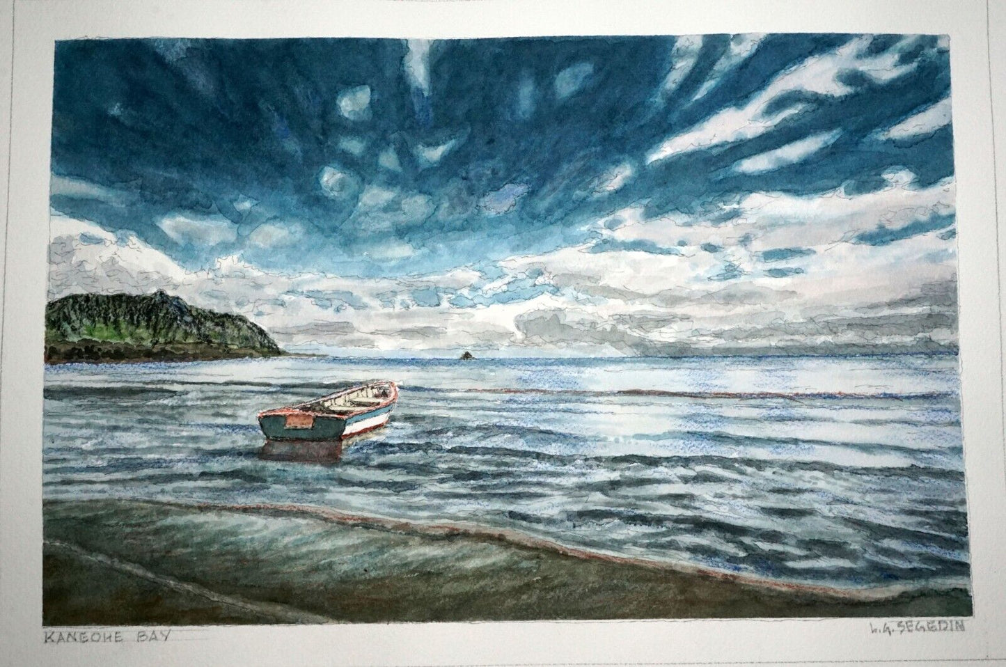 Hawaii Watercolor Painting Kaneohe Bay w. Boat by Larry Segedin #190
