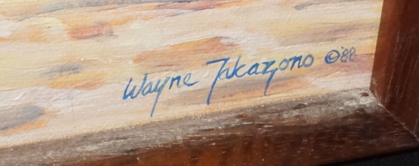 1988 Hawaii Framed Oil Painting Triptych "Three Friends" by Wayne Takazono (FeH)