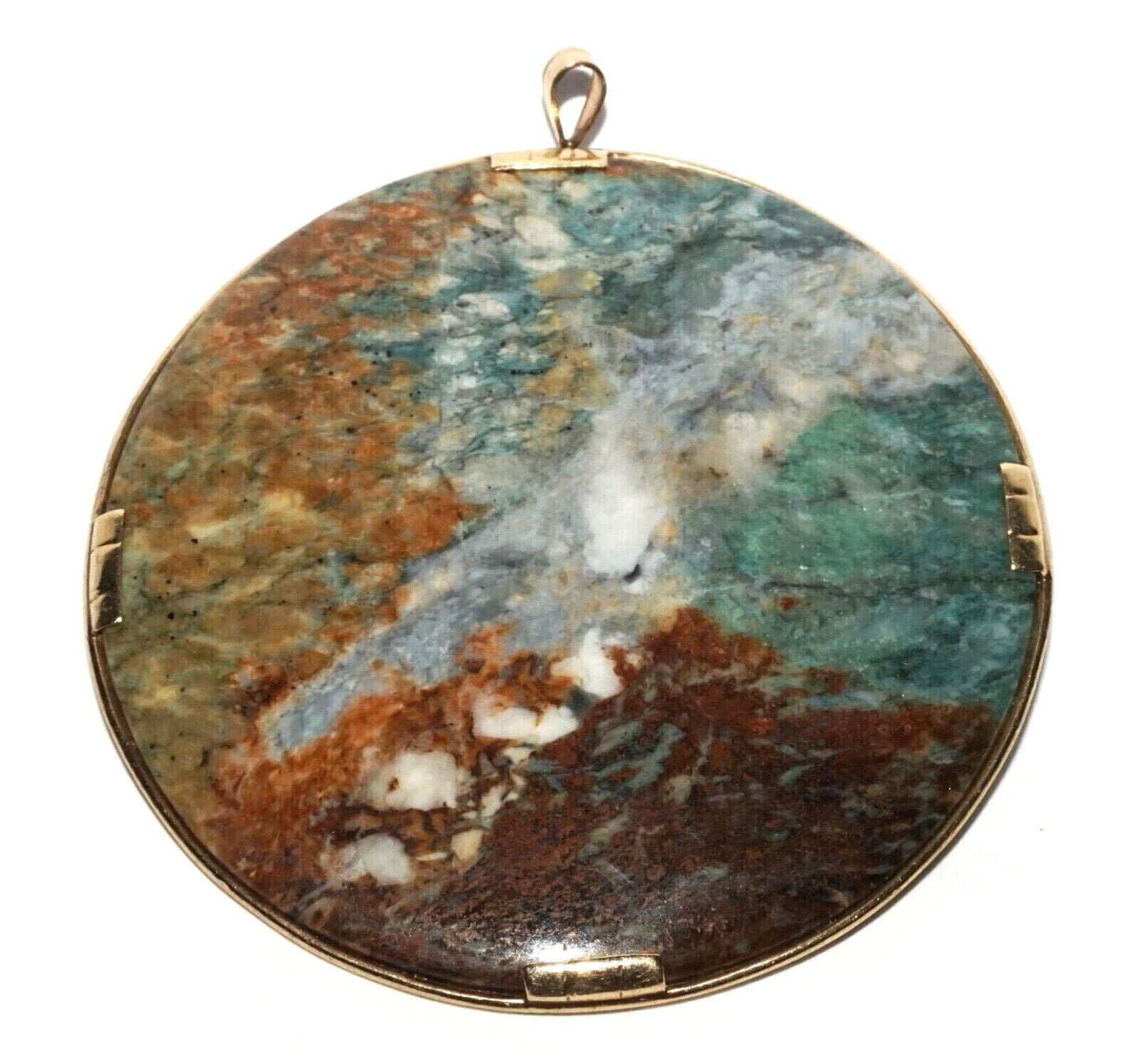 Chinese 14K Yellow Gold Brooch Pendant w. Picture Jade Disk by Ming's (LeS) G10