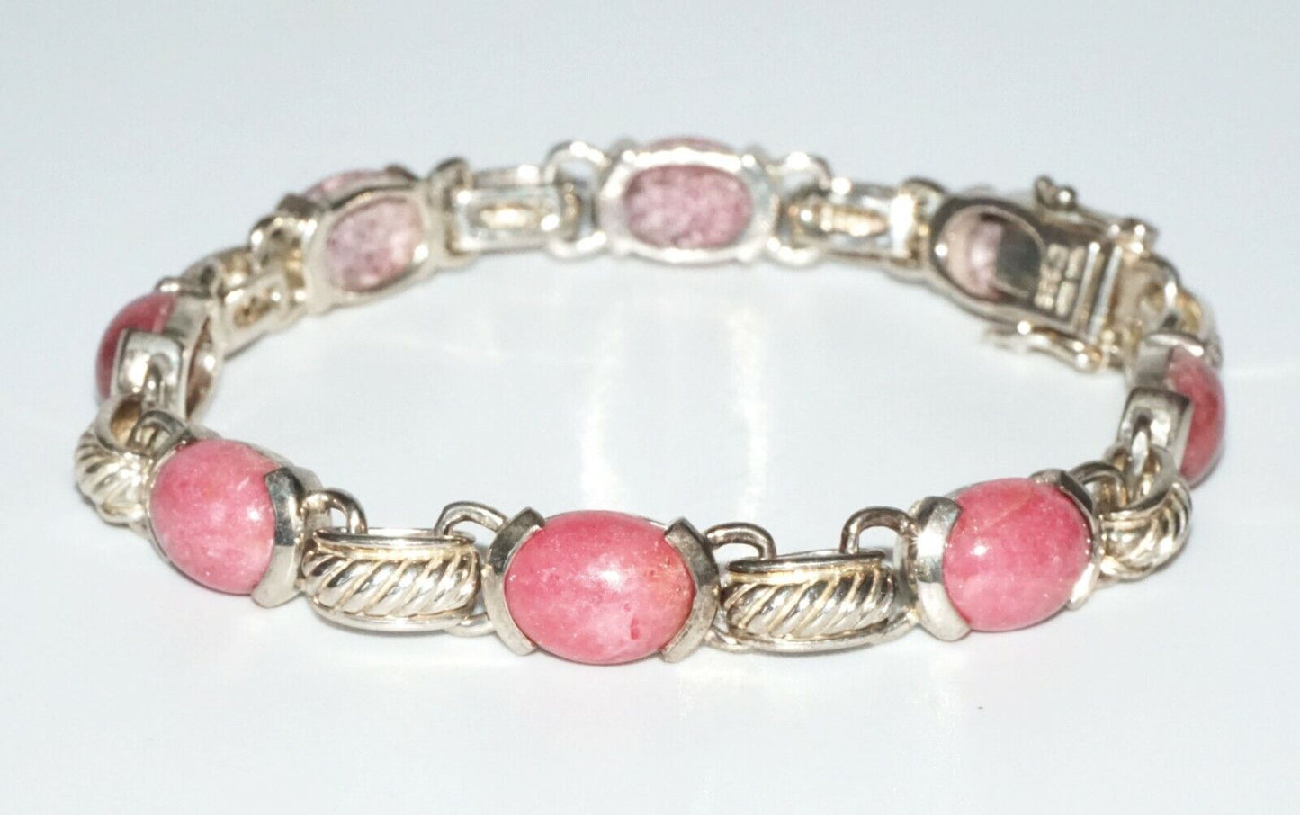 Vintage Hong Kong Sterling Silver Bracelet w 8x Oval Rhodonite Accents (SaR)#204