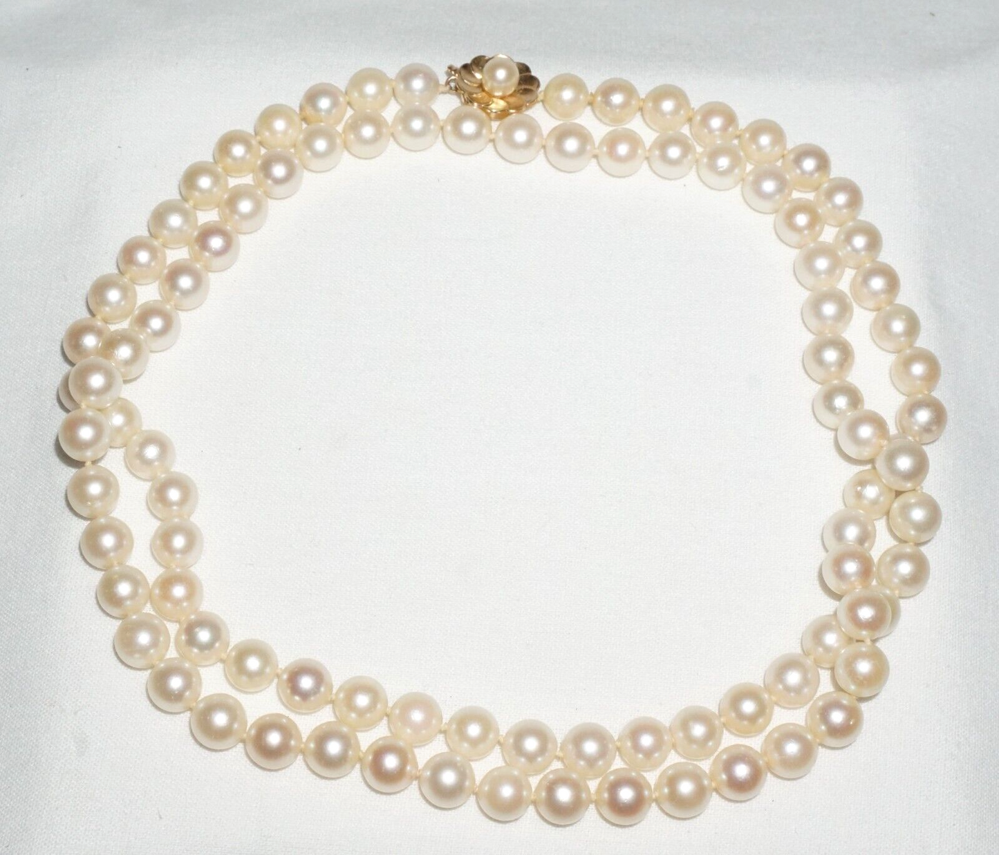 Vintage Single Strand Pearl Necklace 31" w 14k Yellow Gold Flower Clasp (BiB)