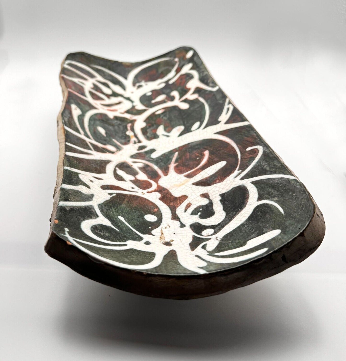 Vintage Abstract Deep Red & Green Swirled Ceramic Platter by David Kuraoka (MoM)