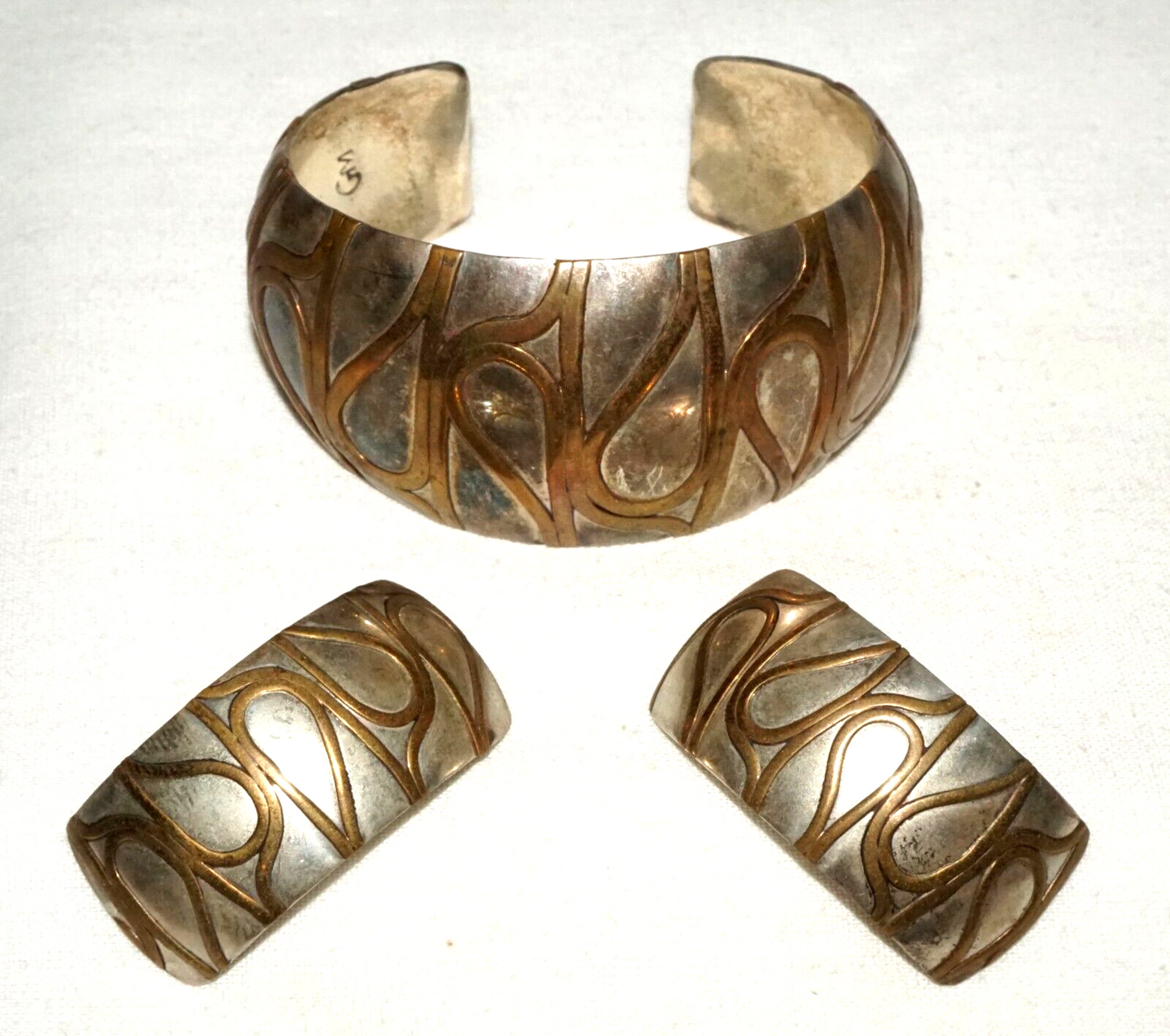 3Pc Vintage Silver & Brass Curvilinear Motif Cuff Bracelet & Earring by GM (KiL)