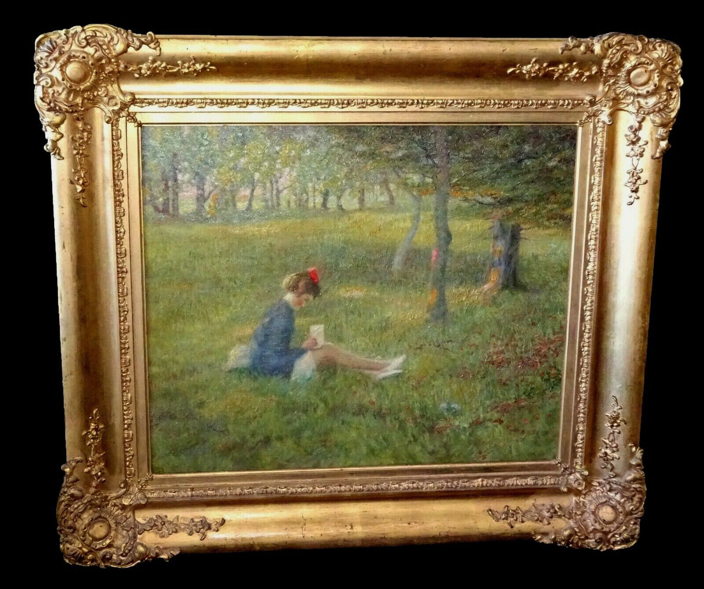 1910s Gilt Framed Oil Painting "Girl in the Meadow" by Emmet Owen Smith (Yir)
