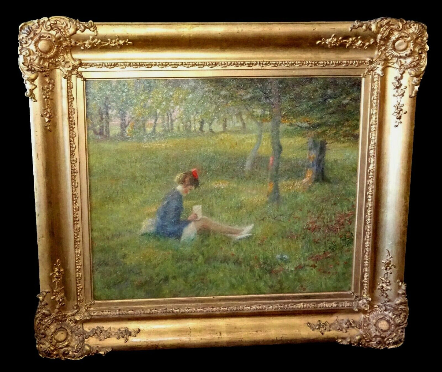 1910s Gilt Framed Oil Painting "Girl in the Meadow" by Emmet Owen Smith (Yir)