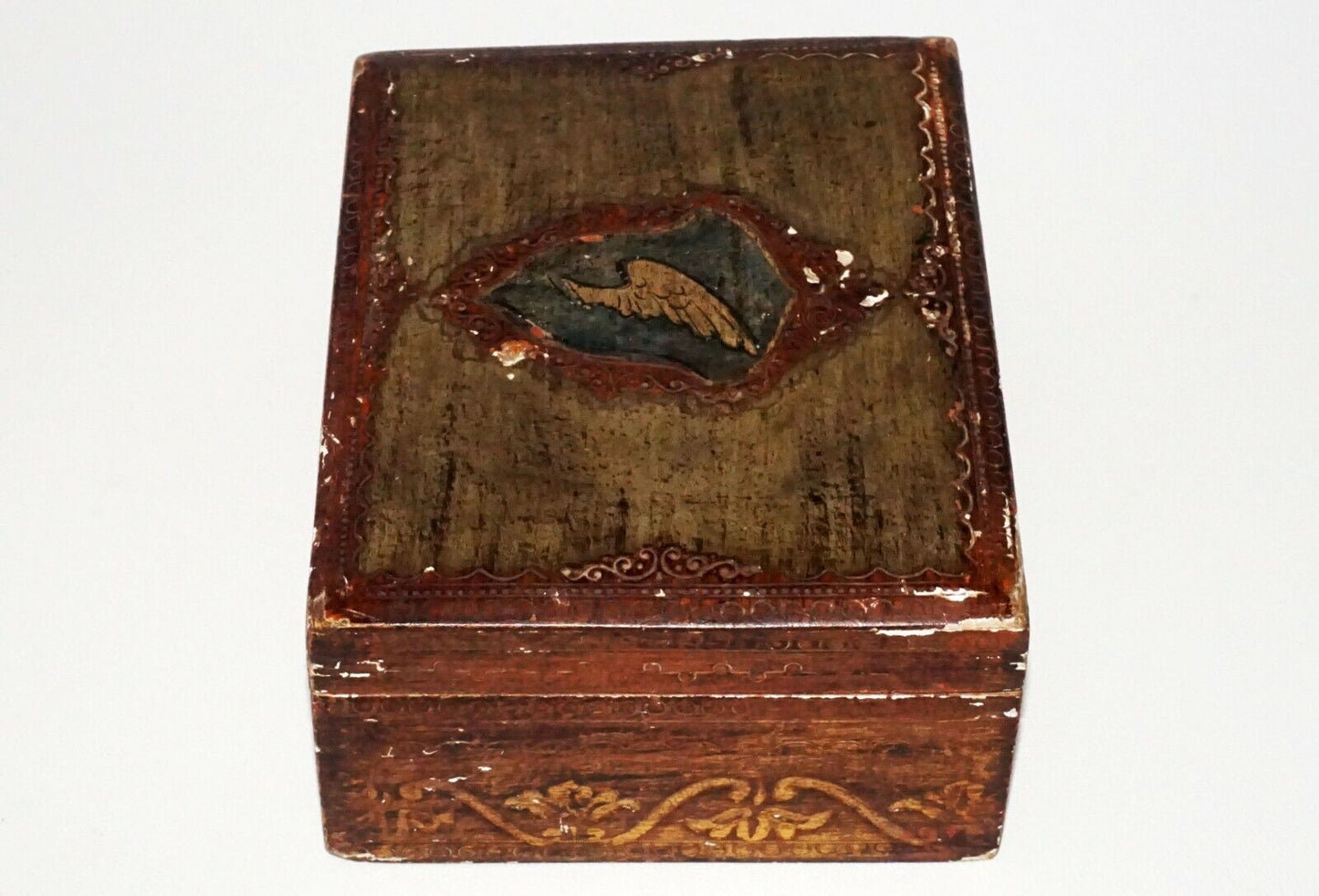 Vintage Hinged Top Covered Wooden Box w. Distressed Painted Wing Motif (Hox)