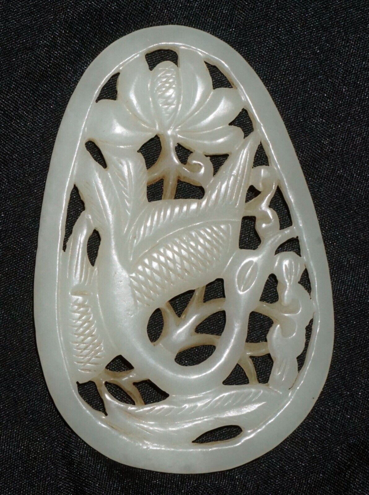 Antique Chinese Nephrite Jade Pierced Pendant Crane & Floral Motifs (---)