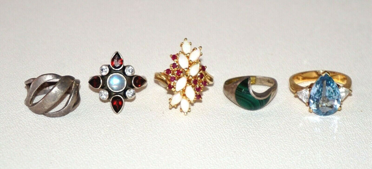 5x Sterling Silver Rings Opals Rubies Garnets Moonstone Topaz Malachite (NoN)R40