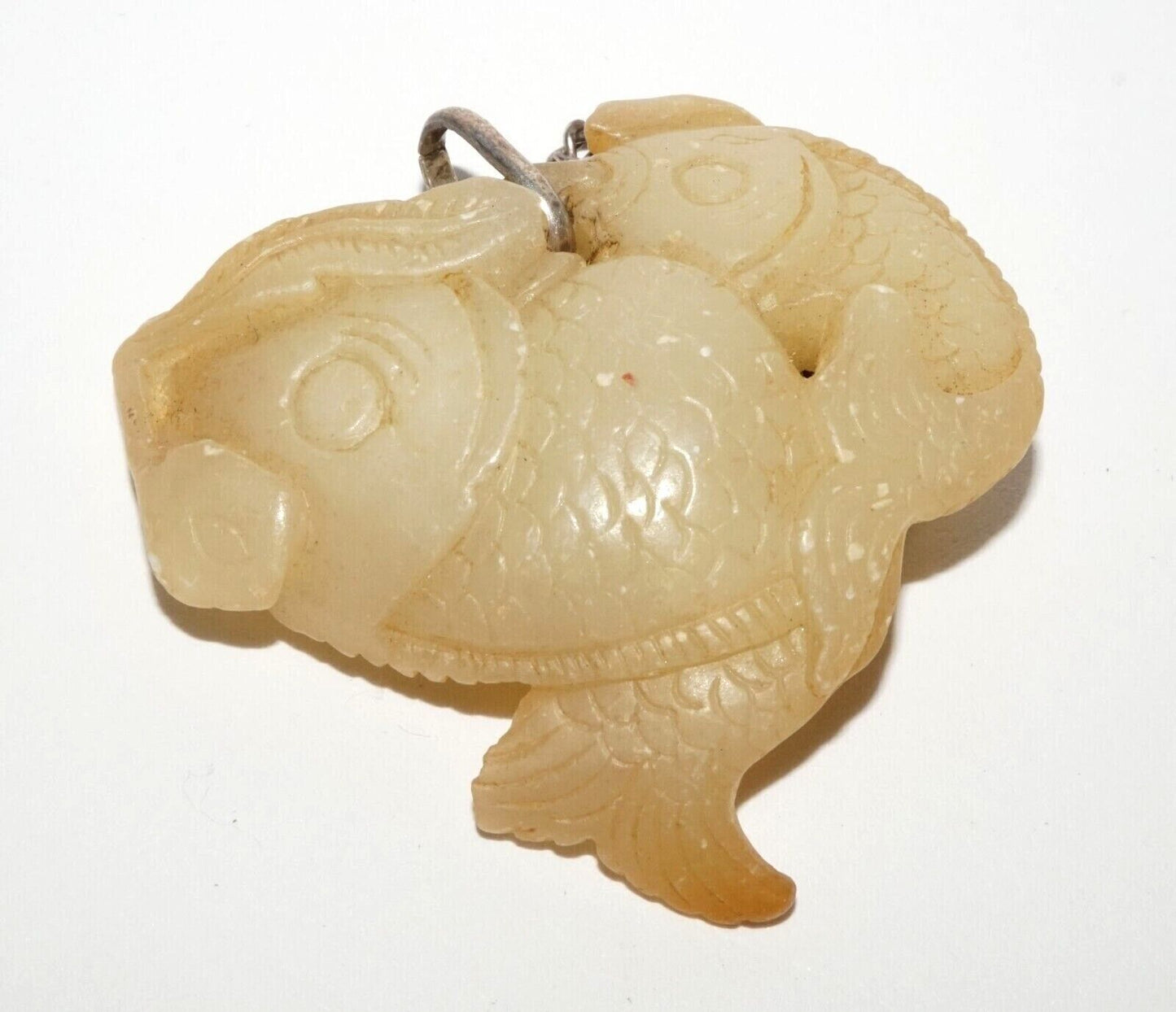 Vintage Chinese Yellow Jade Double Carp Motif Pendant w. Silver Chain (LeS) G9