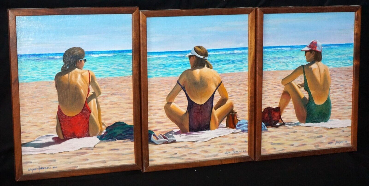 1988 Hawaii Framed Oil Painting Triptych "Three Friends" by Wayne Takazono (FeH)