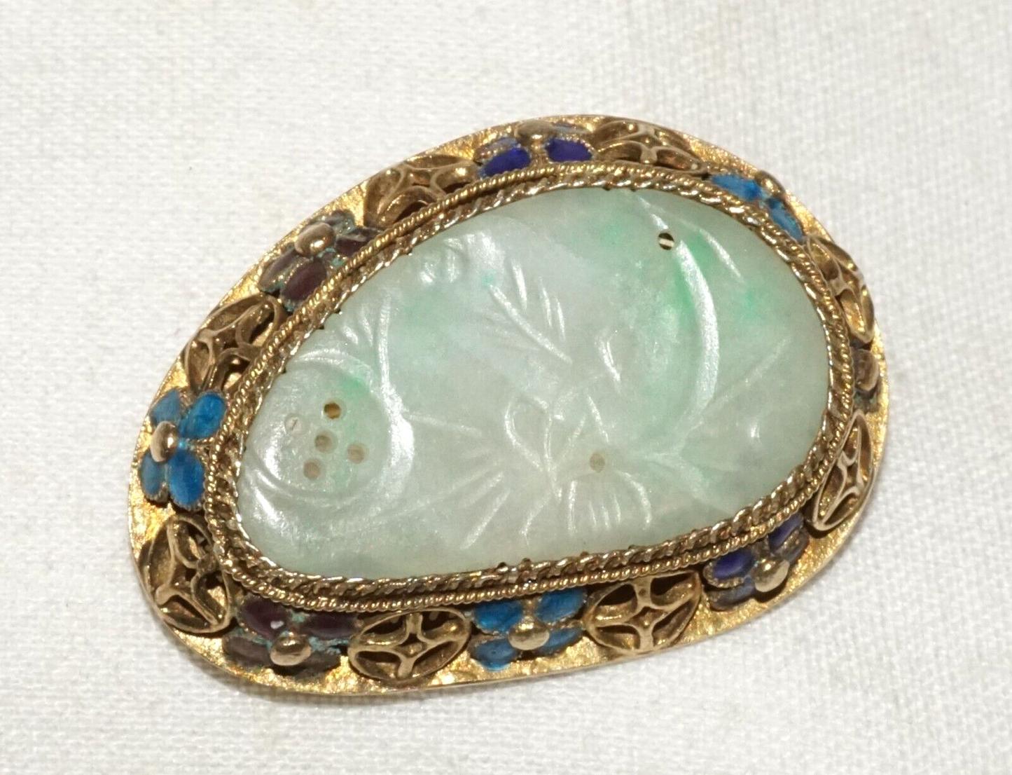 Antique Chinese Silver Filigree & Enamel Brooch set w. Jadeite Jade (InS)#L1-3