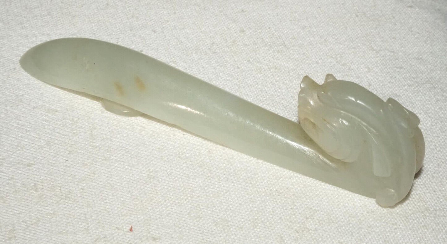Antique Chinese Grey Green Nephrite Jade Dragon Belt Hook (UVi)#18
