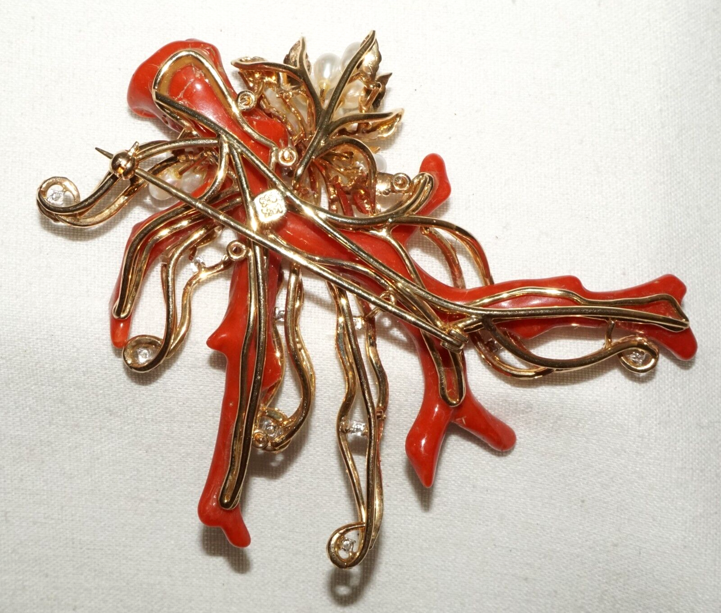 Vintage HK 14K Yellow Gold Brooch Pendant w Coral Branch Pearls & Diamonds (PaS)