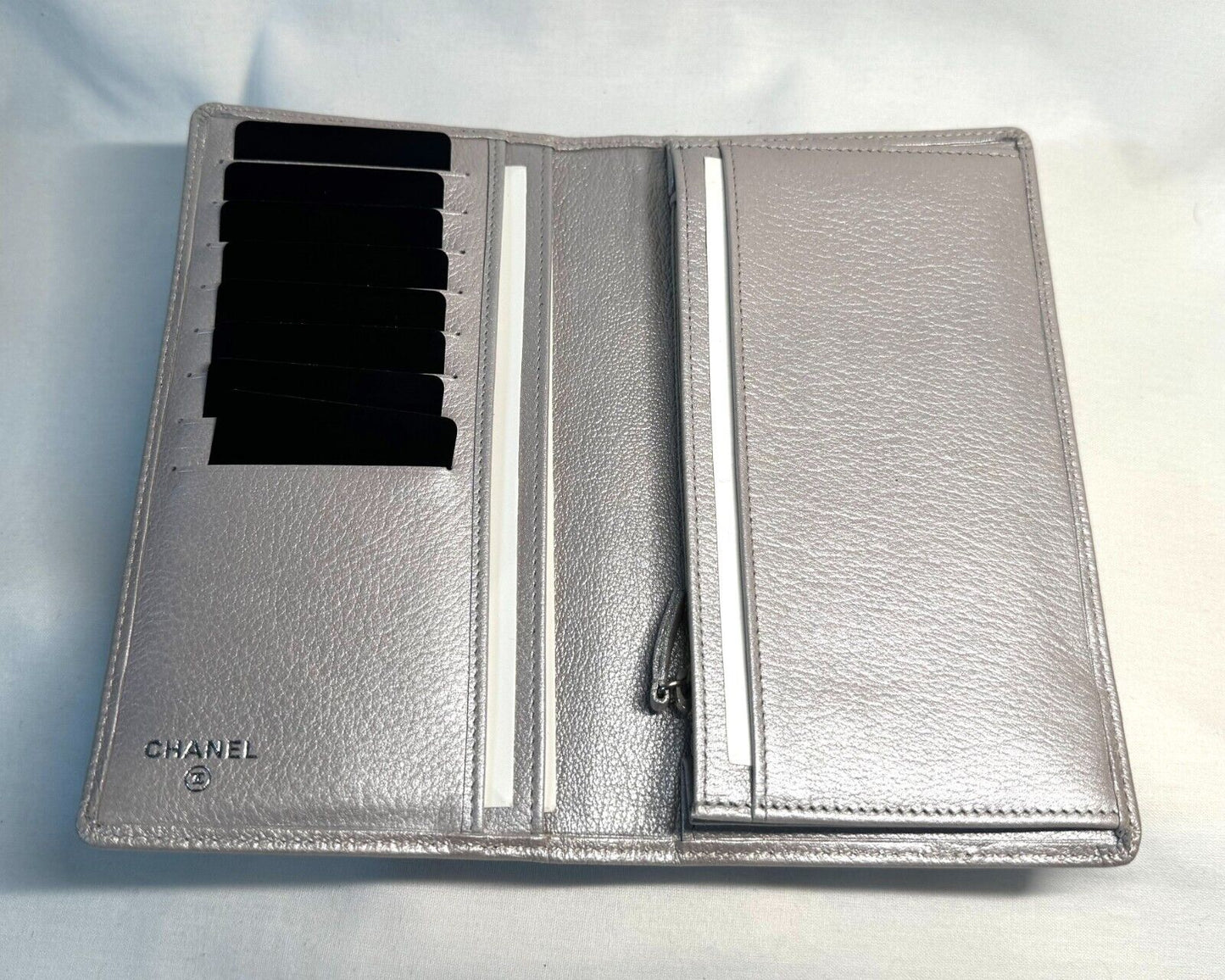 Chanel Camellia Silver Bifold Lambskin Wallet w Box, Inserts, Dust Cloth (InS)67