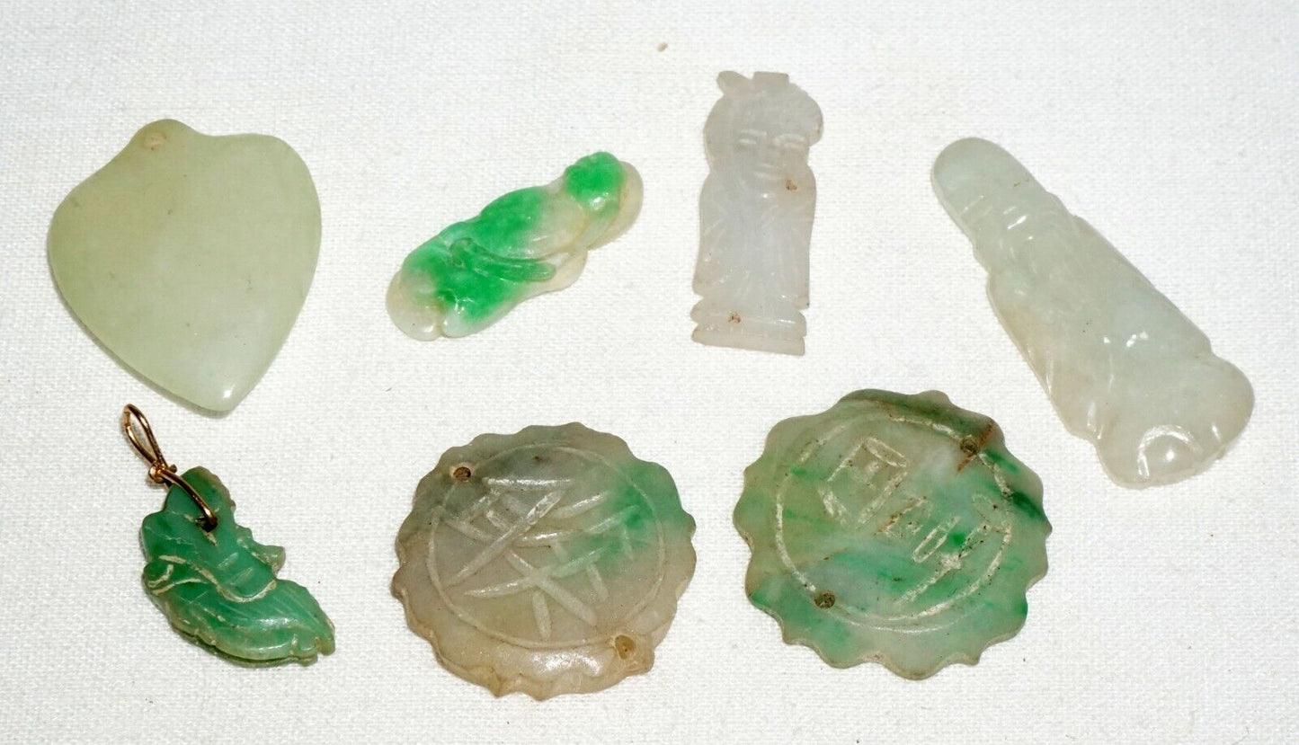 7Pc Vintage Chinese Miniature Jadeite Jade Carved Pendants & Ornaments (***)