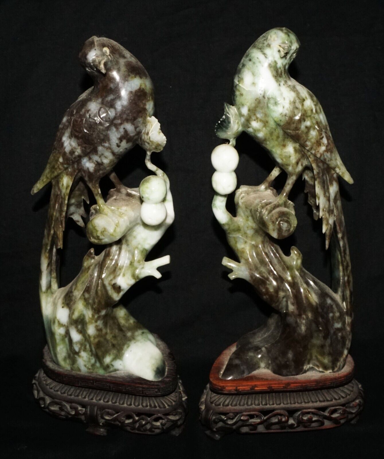 Pair Vintage Chinese Mottled Black Jadeite Jade Carvings Exotic Birds (LeD)