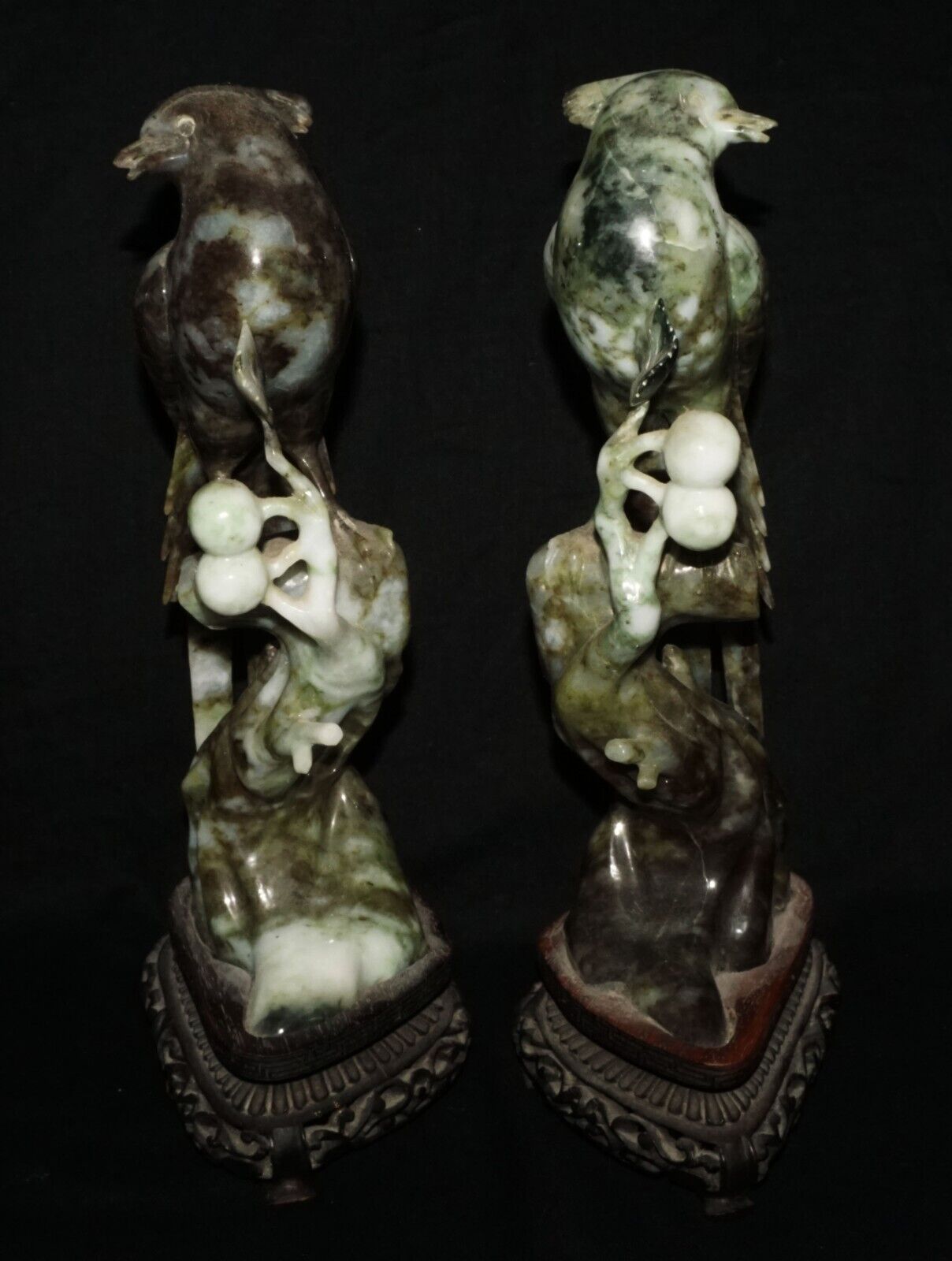 Pair Vintage Chinese Mottled Black Jadeite Jade Carvings Exotic Birds (LeD)