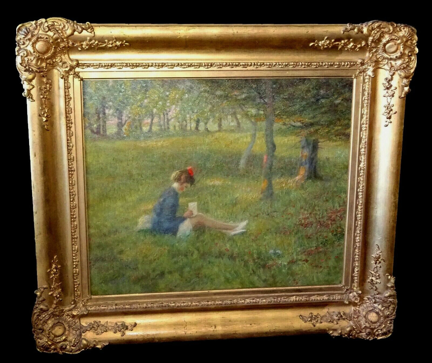 1910s Gilt Framed Oil Painting "Girl in the Meadow" by Emmet Owen Smith (Yir)