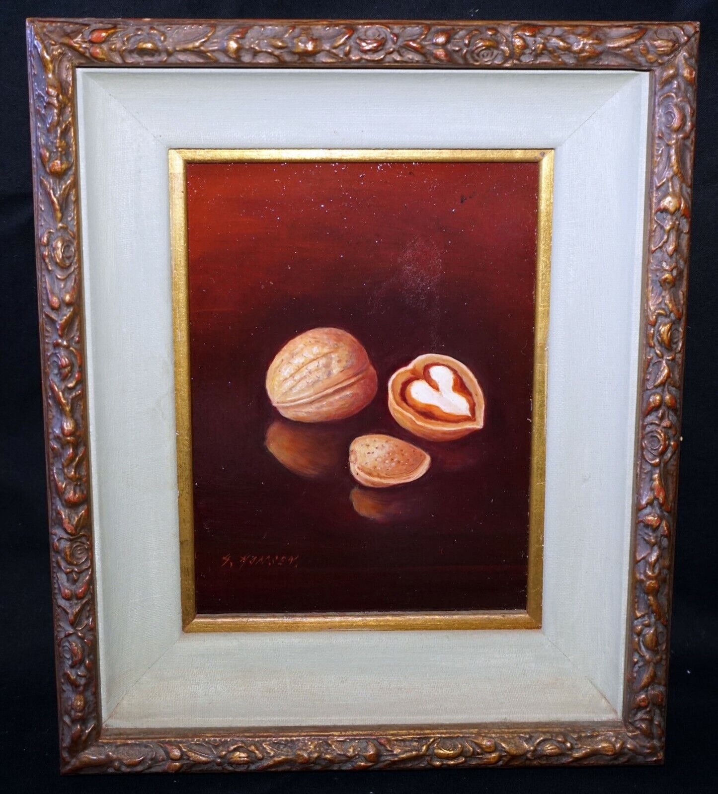 Vintage US Framed Oil Still Life Painting Walnuts by A. Hansen (FeO)