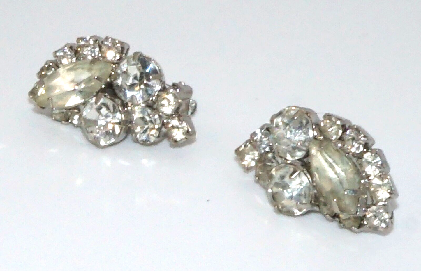 Vintage Silver tone Rhinestone Clip On Earrings w Round & Marquise Stones (McC)