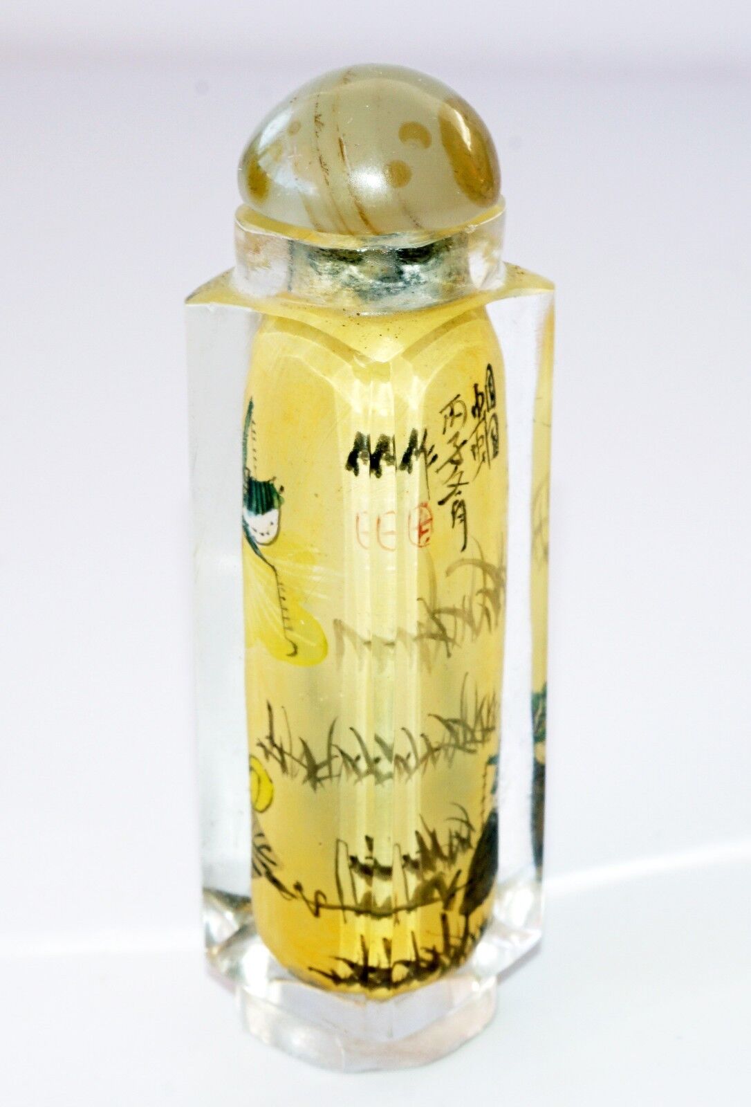 20C Chinese Square Inside Painted Glass Snuff Bottle w. Hard-stone Stop (Pal)