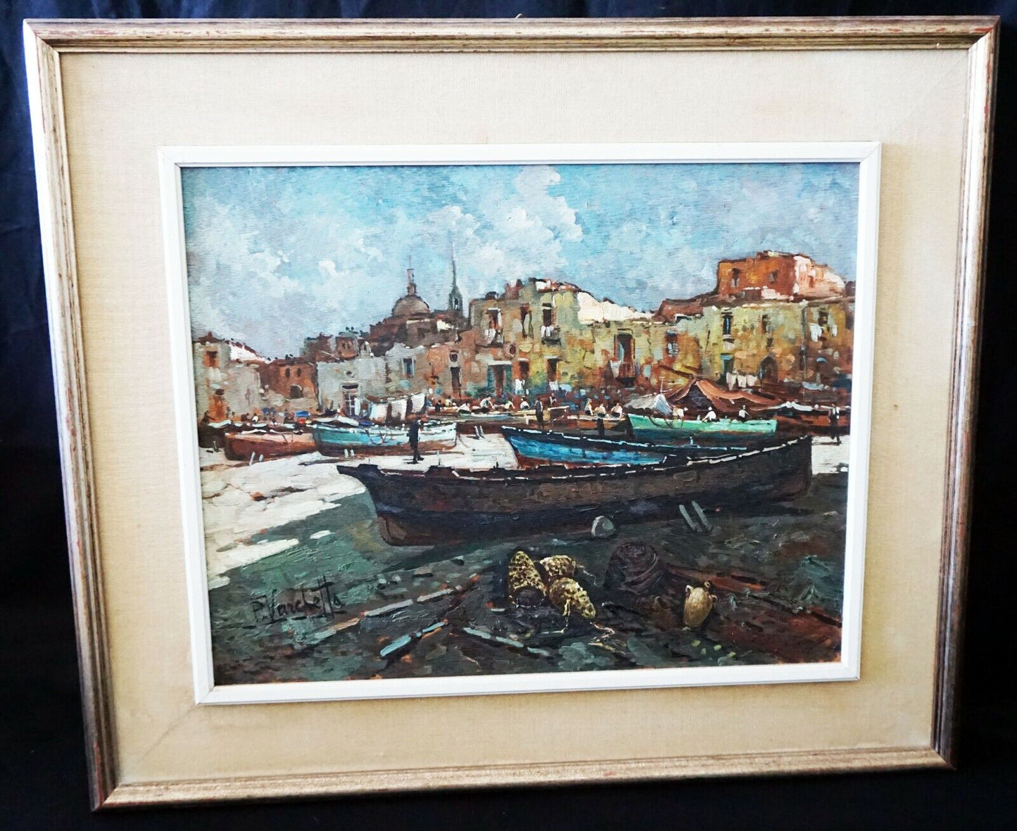 Italian Oil Painting "Fishing Village & Beached Boats" by P. Varchetta (FeO)