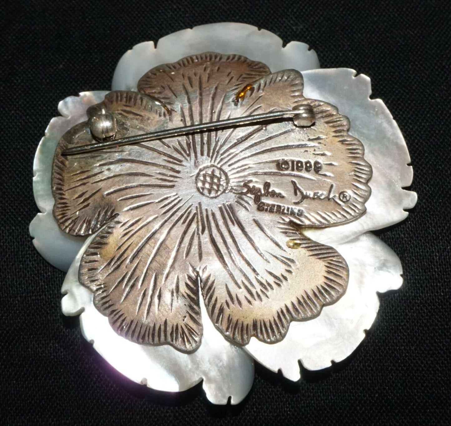 Vintage Sterling Silver Mother of Pearl Flower Motif Brooch Stephen Dweck (PaS)