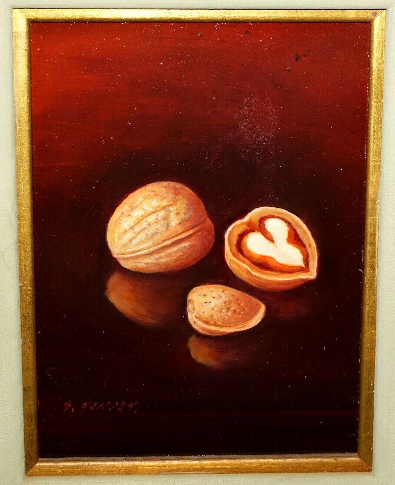 Vintage US Framed Oil Still Life Painting Walnuts by A. Hansen (FeO)