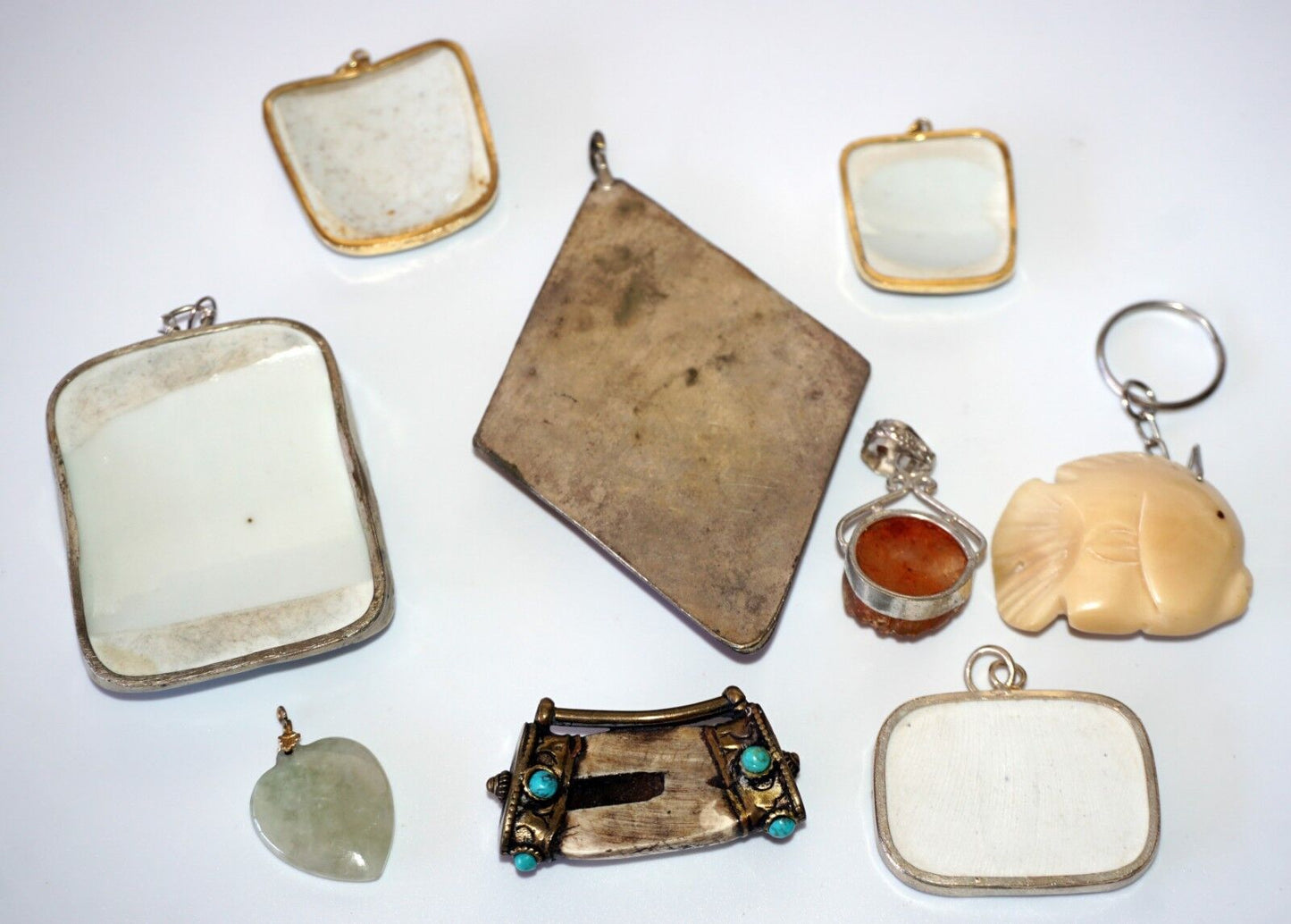 9x Vintage & Antique Oriental Silver Chard & Jade Mixed Pendant Lot (Yam)#18