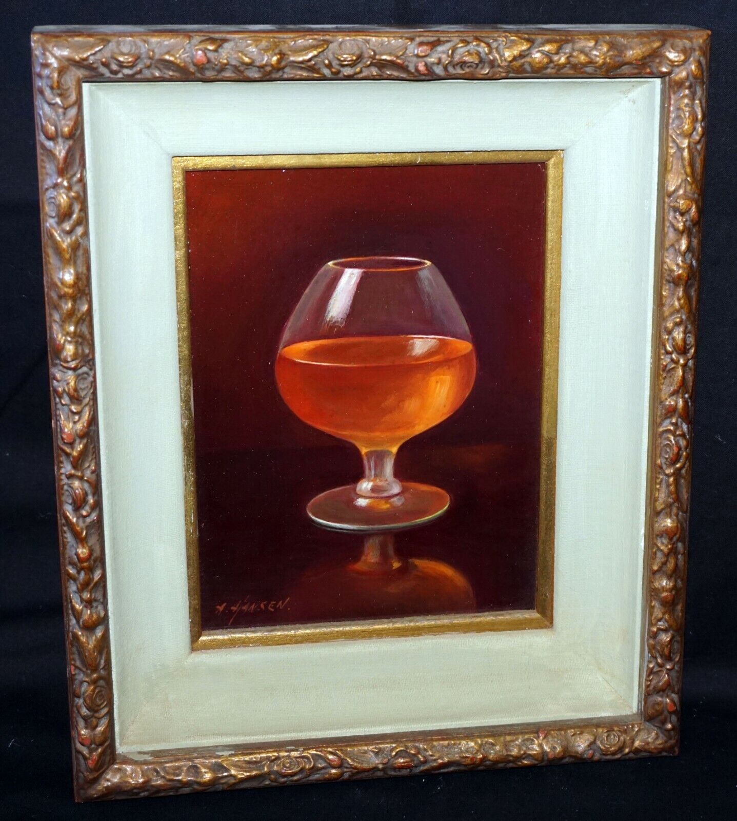 Vintage US Framed Oil Still Life Painting Cognac Sniffer by A. Hansen (FeO)