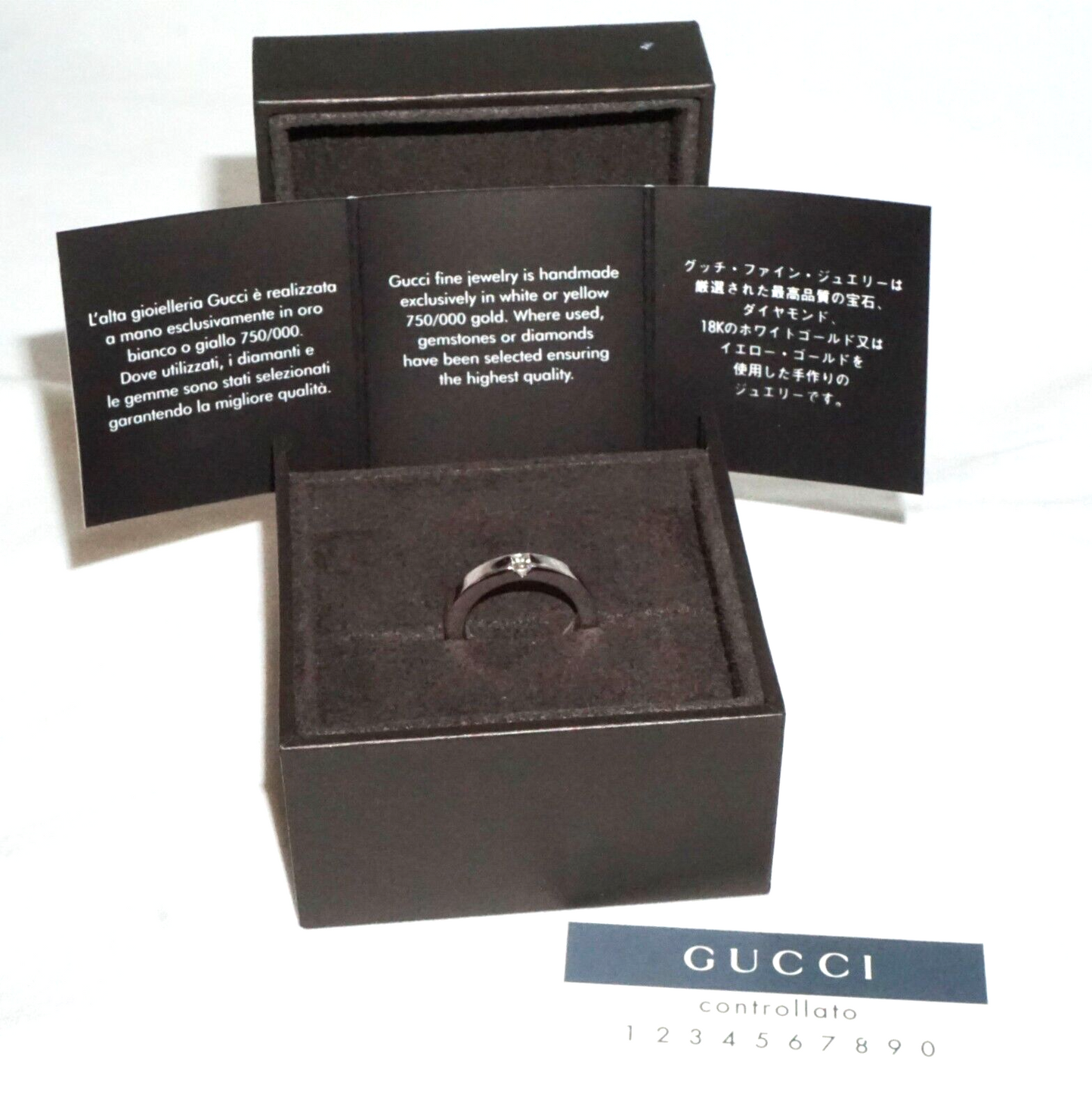 Vintage Italy 18k White Gold Ring Sz.8 w. 1x Diamond by Gucci in Box (InS)