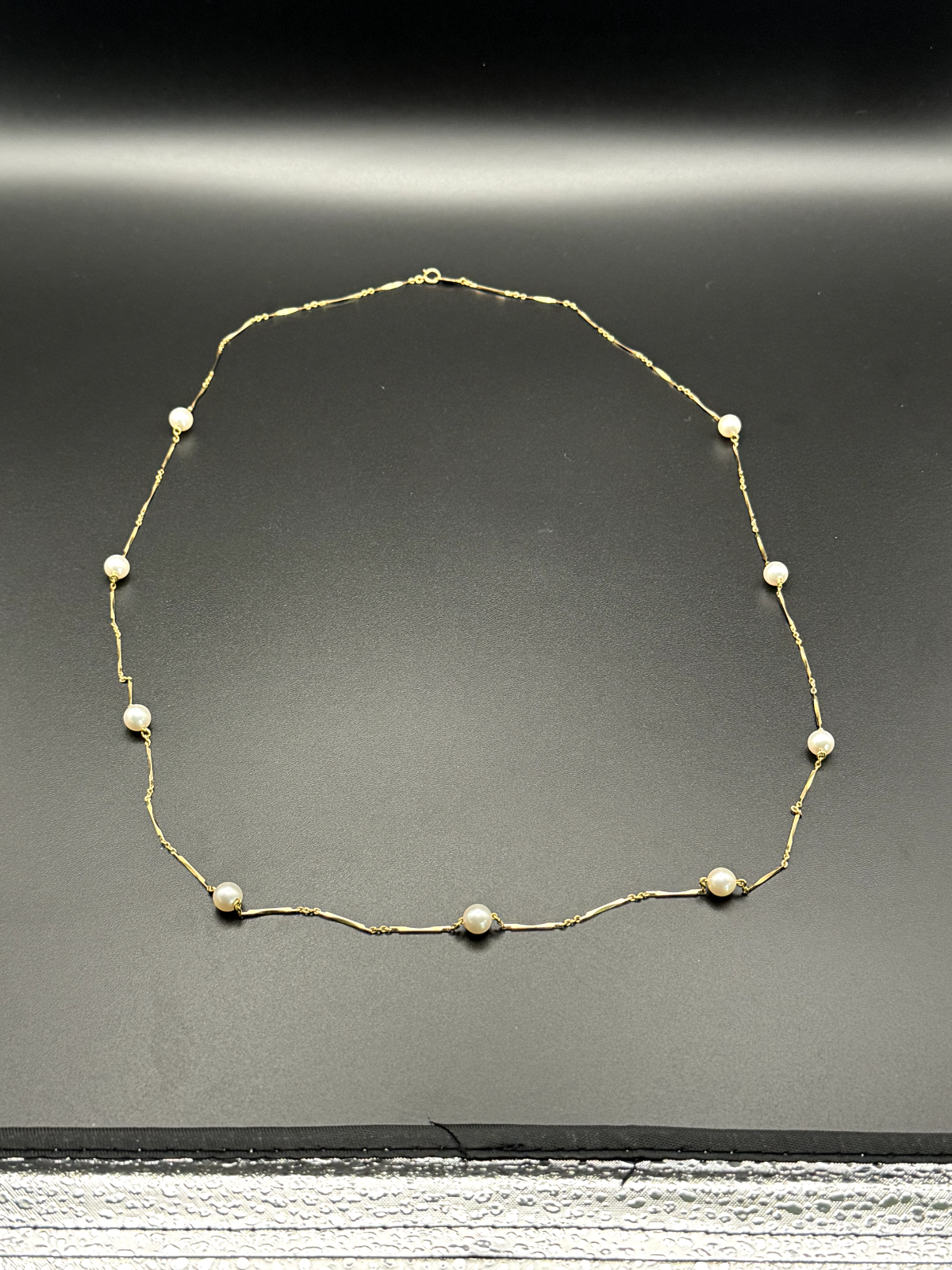 18k Yellow Gold & Bar & Bead Pearl Necklace 31" w Spring Ring Clasp (MeK)