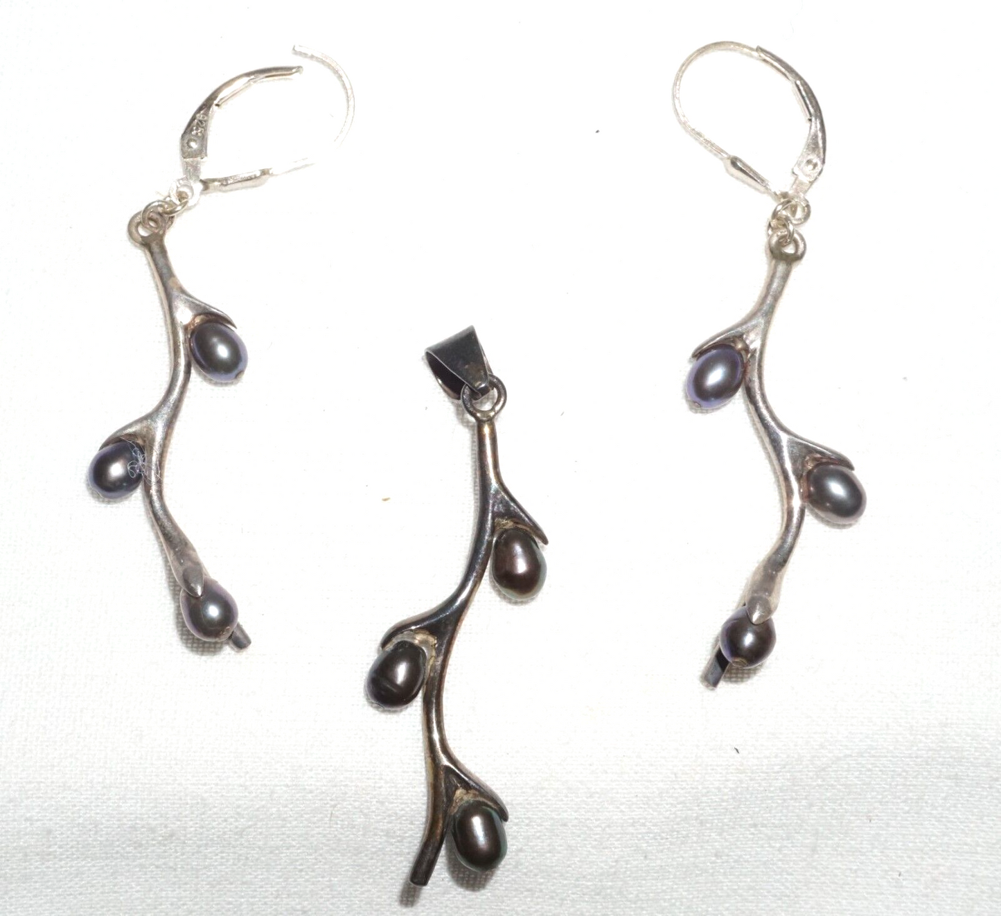 3Pc Vtg Sterling Silver & Grey Pearl Branch Motif Earrings & Pendant set (JoD)