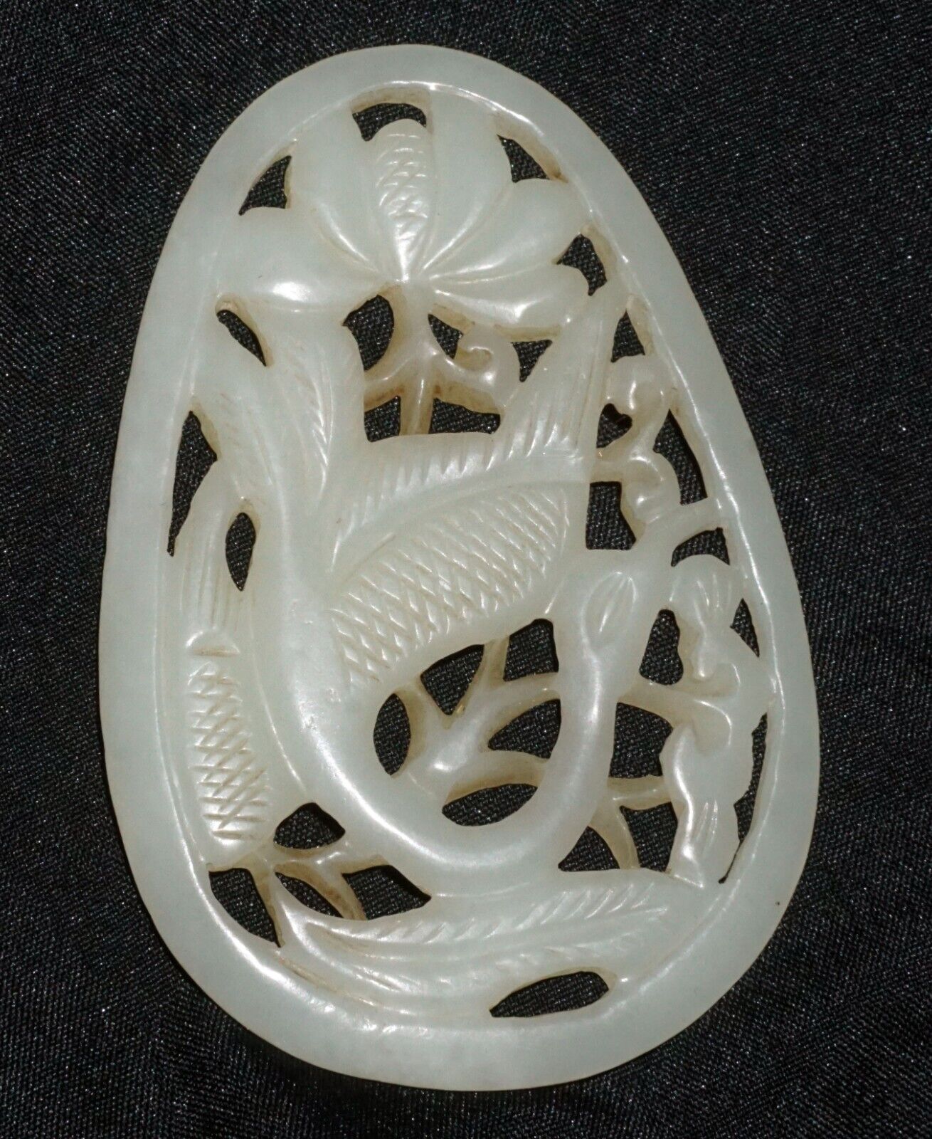 Antique Chinese Nephrite Jade Pierced Pendant Crane & Floral Motifs (---)