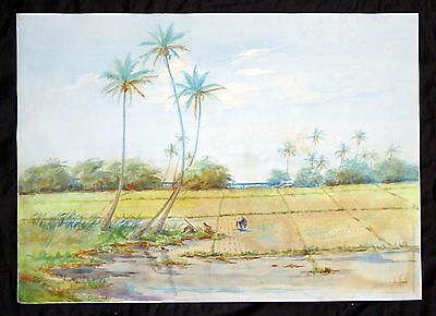 19C Hawaii Watercolor Painting "Rice Planting under Palms" by A. Focke (Geo)