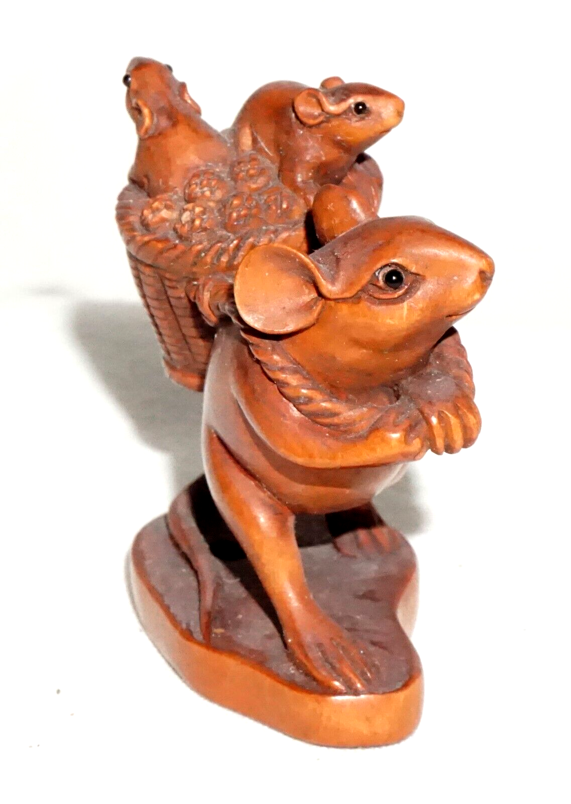 Vintage Japanese Carved Wooden Netsuke Mouse w. Basket & Babies (FeH