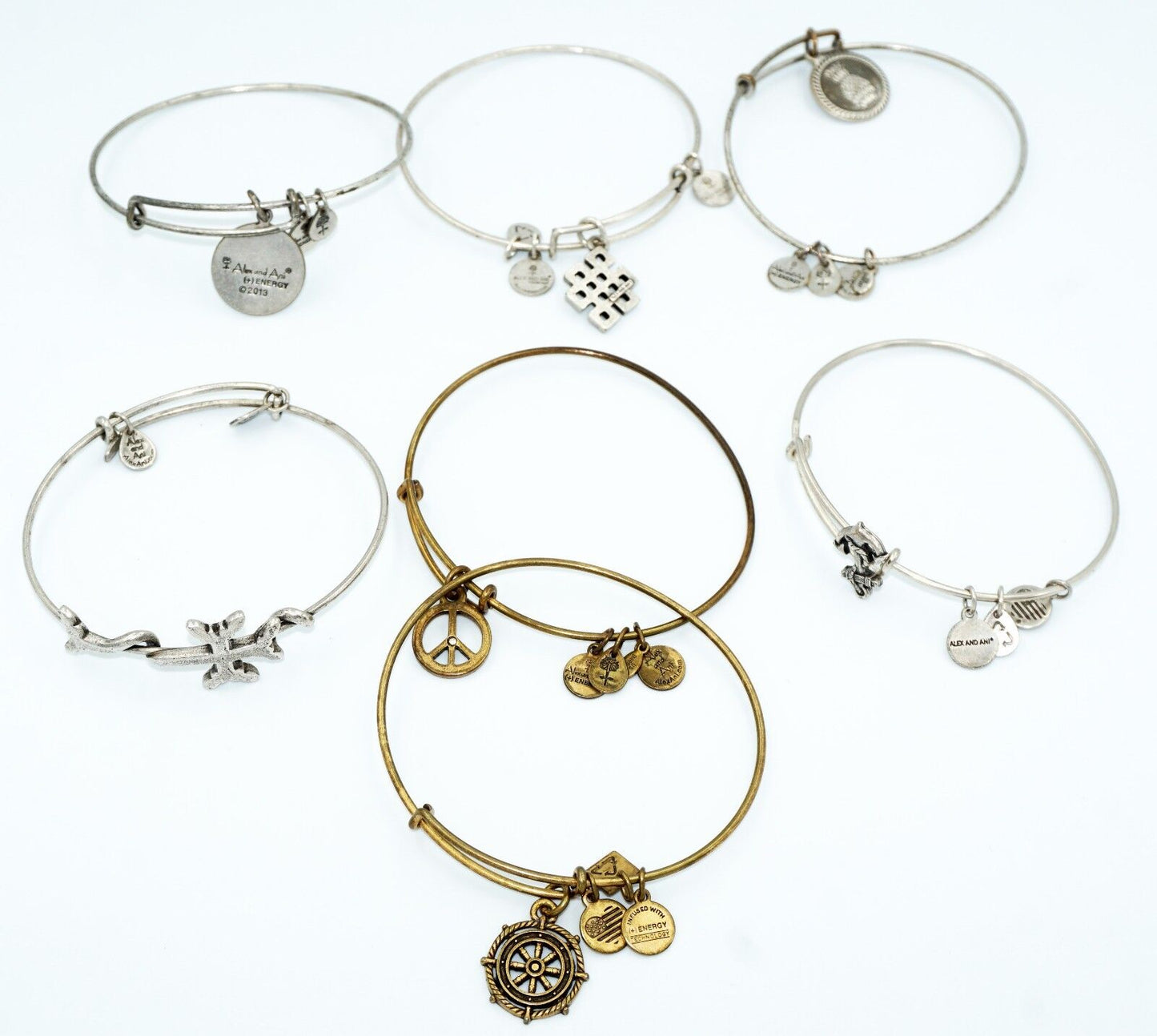 7x Alex and Ani Brand Mixed Lot Adjustable Bracelets w. Cross & Peace (Tra)