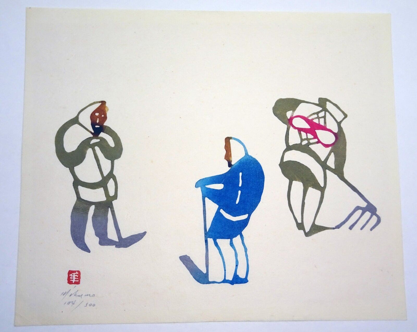 1960s Japanese Woodblock Print "Three Figures Working" by Mikumo Ishihara (Fur)