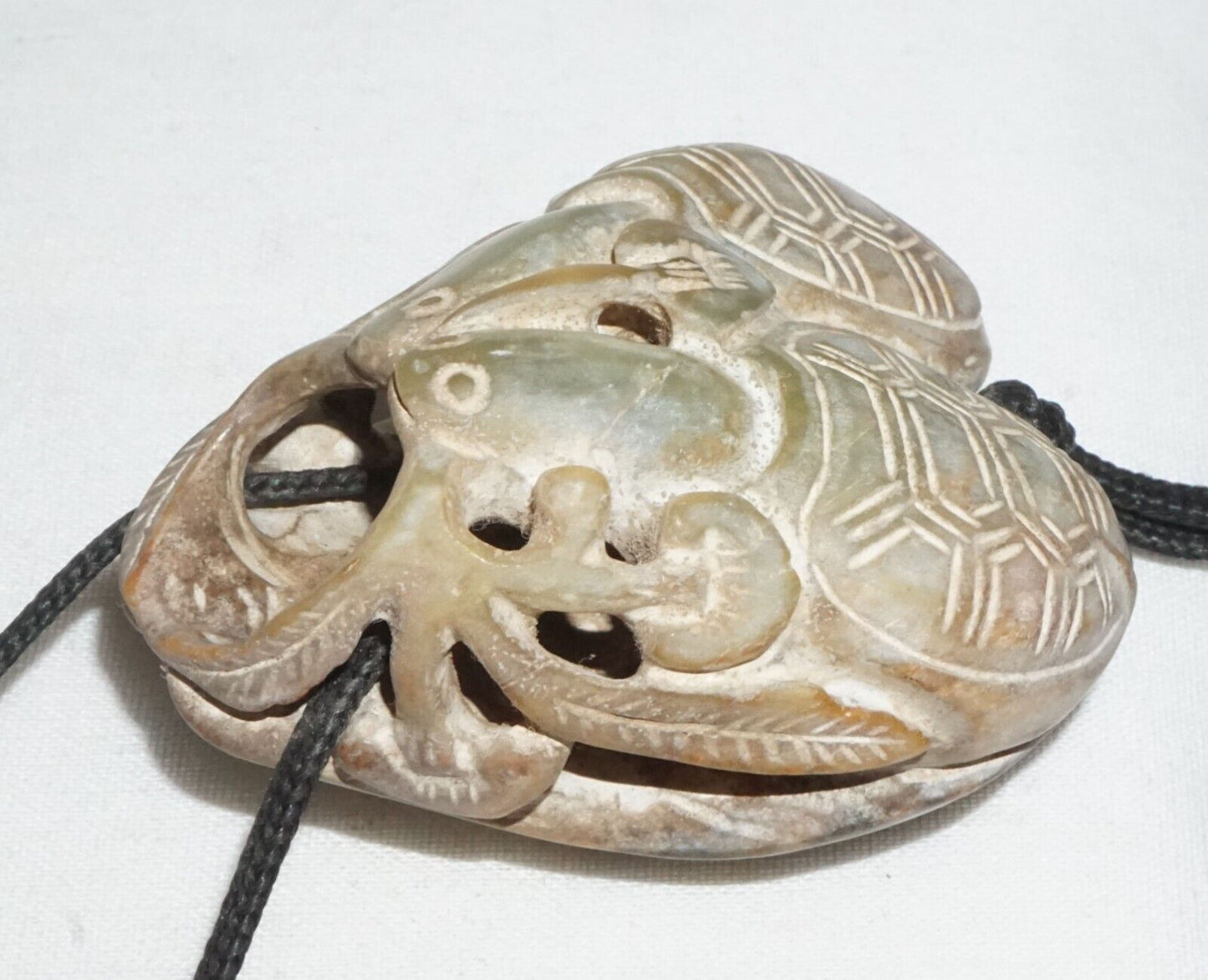 Vintage Chinese Steatite Carved Pendant w. Double Turtle Motif on Cord (InS)