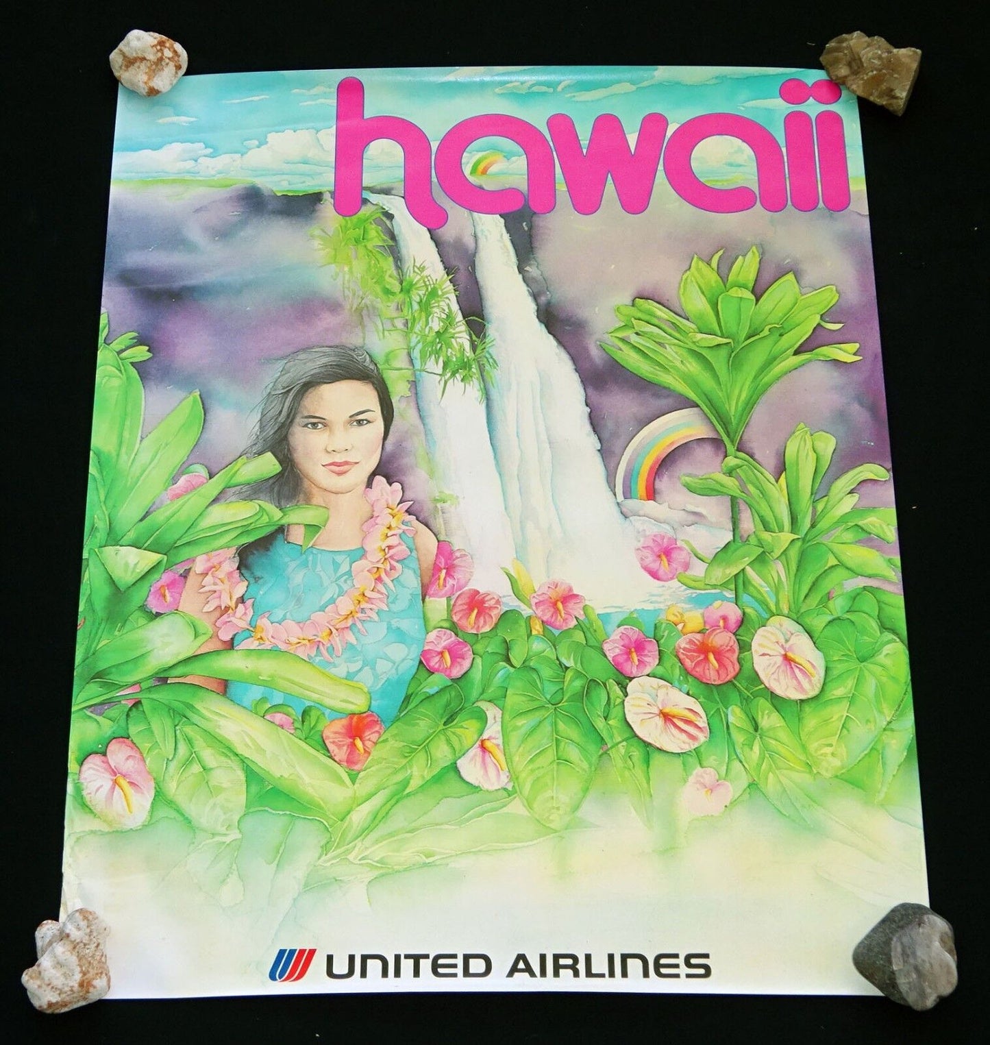 1970s Original United Airlines Hawaii Poster Girl & Rainbow Motif (HoT)#25