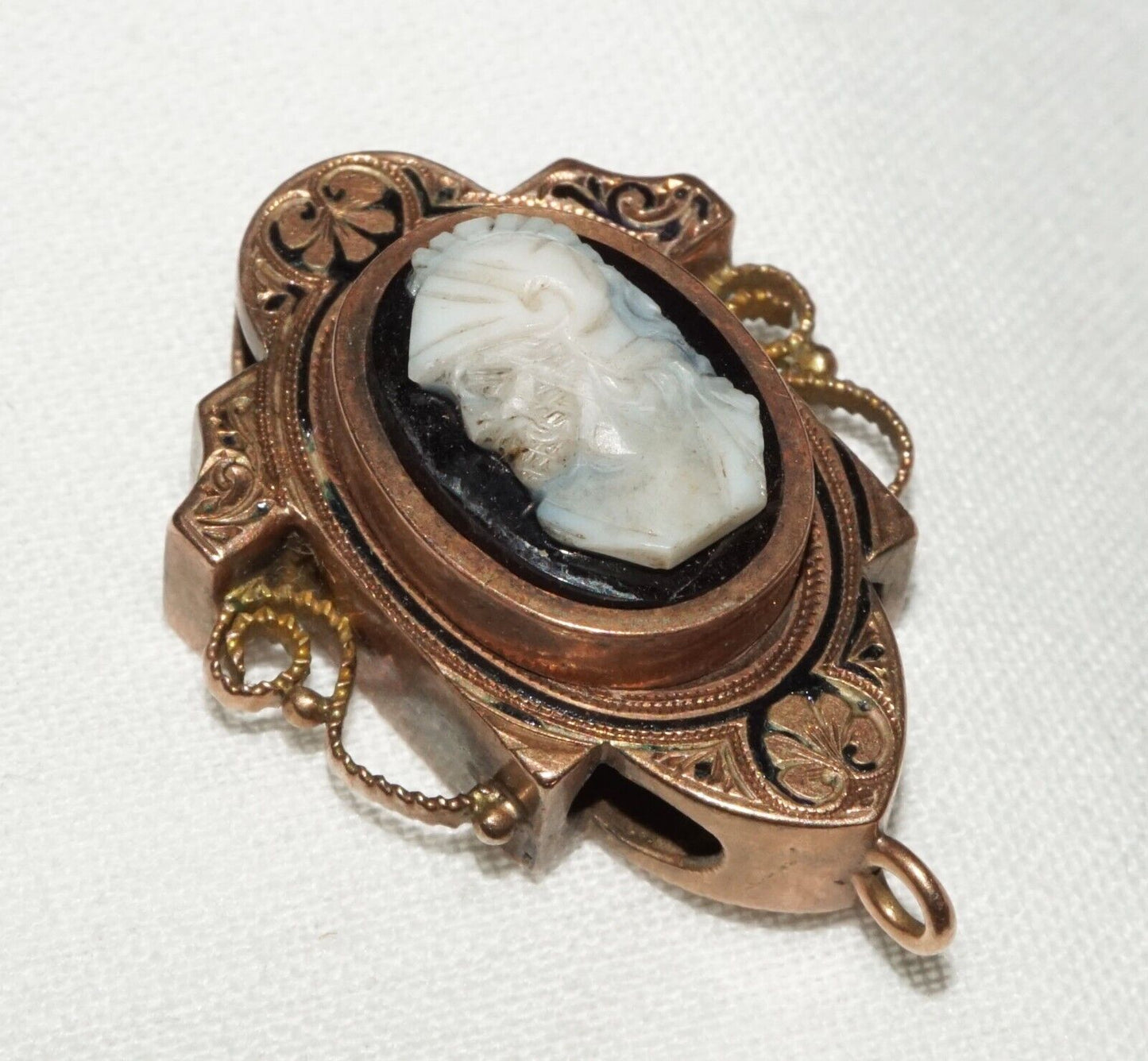 Antique Rose Gold & Black Enamel Slide Pendant w Shell Cameo Soldier Motif (AHB)