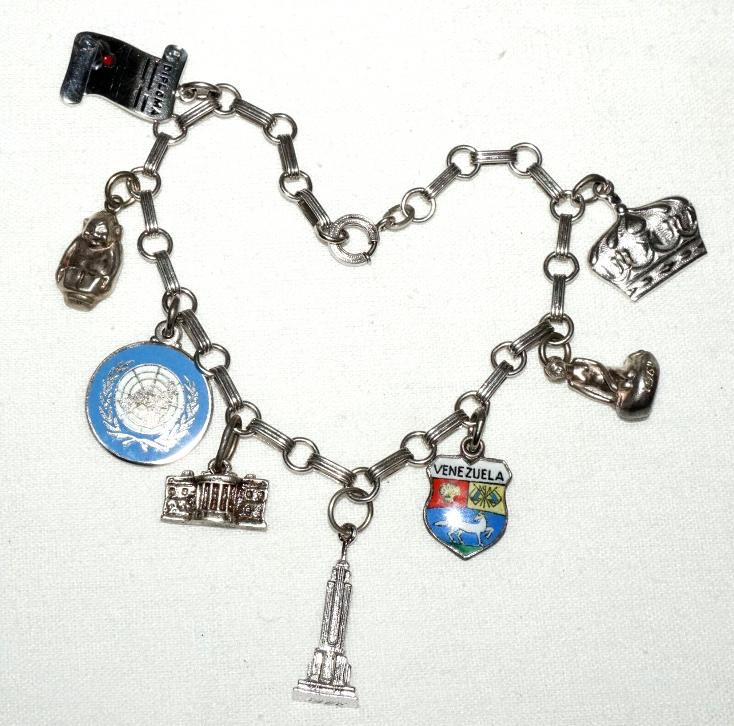 Vintage Sterling Silver & Enamel 8x World Travel Charms Bracelet (KoS) L11