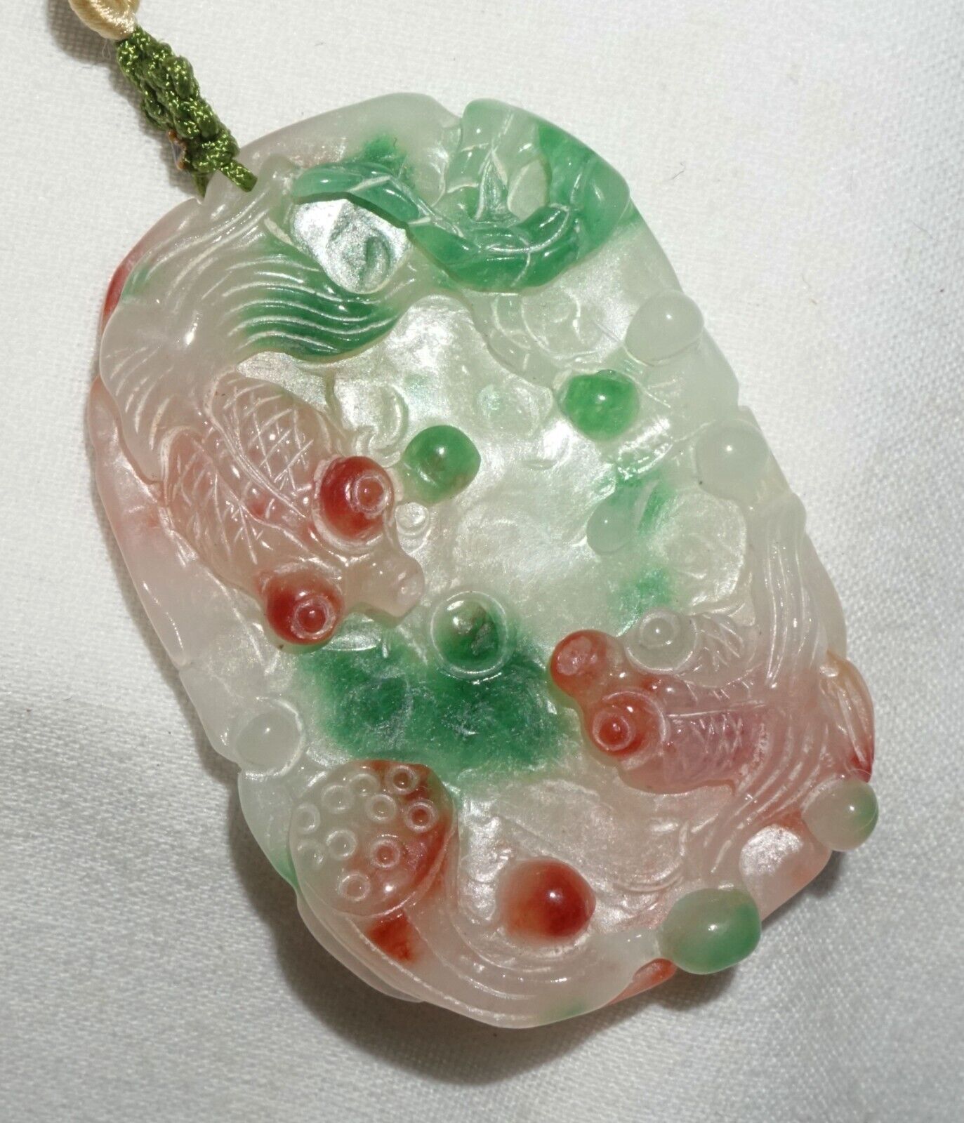 Vintage Chinese Semi Translucent Jadeite Jade Pendant w. Goldfish Motifs (---)