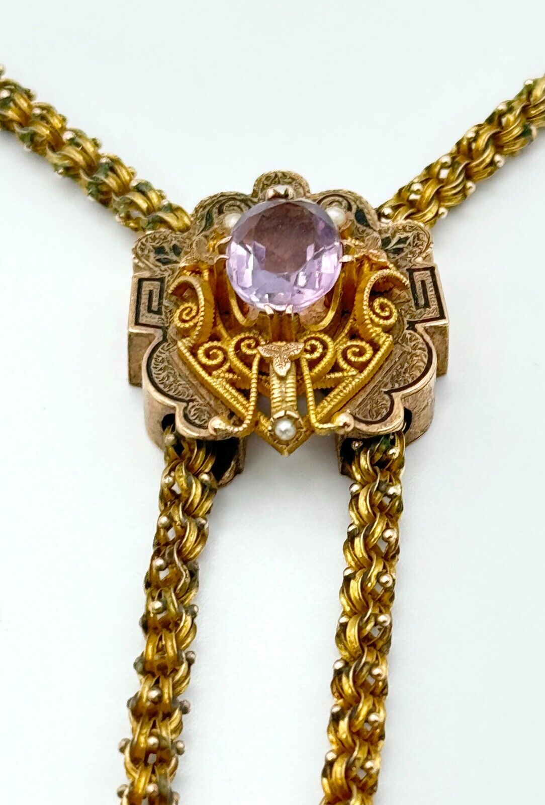 Victorian 14k Gold Necklace w Tassel & Filigree Lariat w Amethyst & Pearl (McC)
