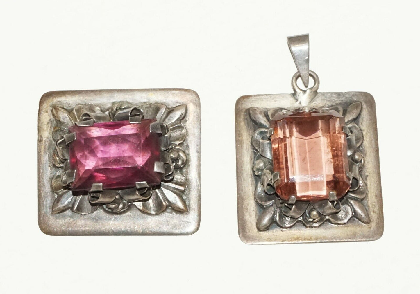 2Pc Vintage Brutalist Style Brooch & Pendant w. Tourmaline Accents (BrM)#31