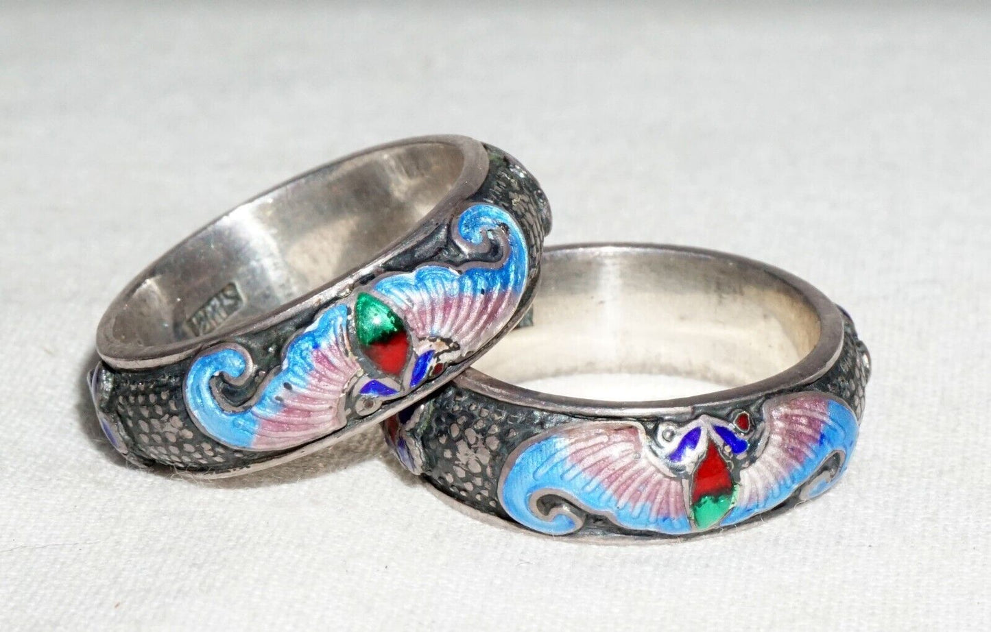 2Pc Chinese Silver & Multicolor Enamel Rings Sz.5 w. Bat Motifs (---)