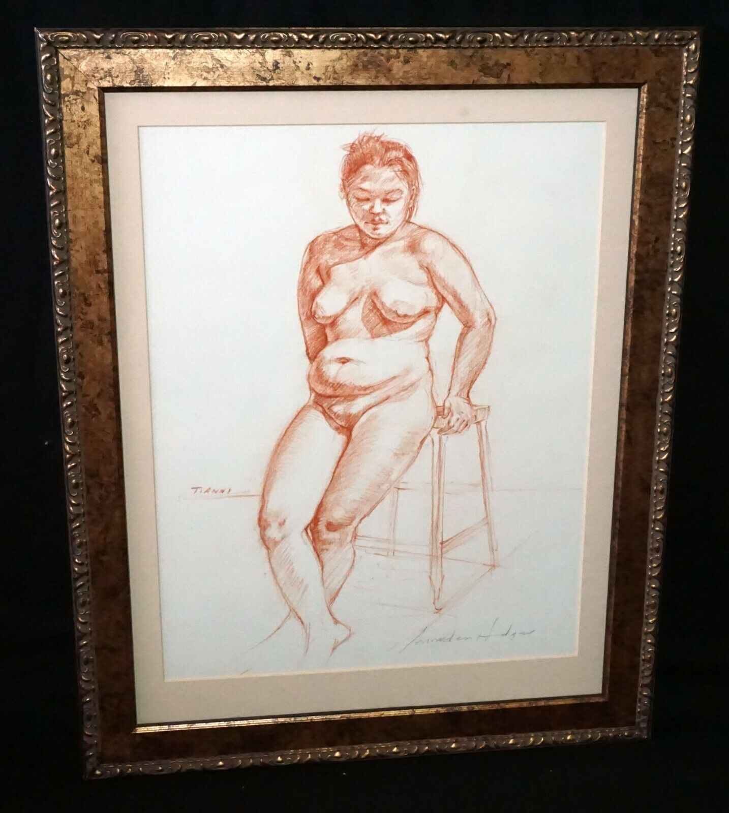 Hawaii Framed Conte Drawing Standing Female Nude Tianni by Snowden Hodges (Sho)